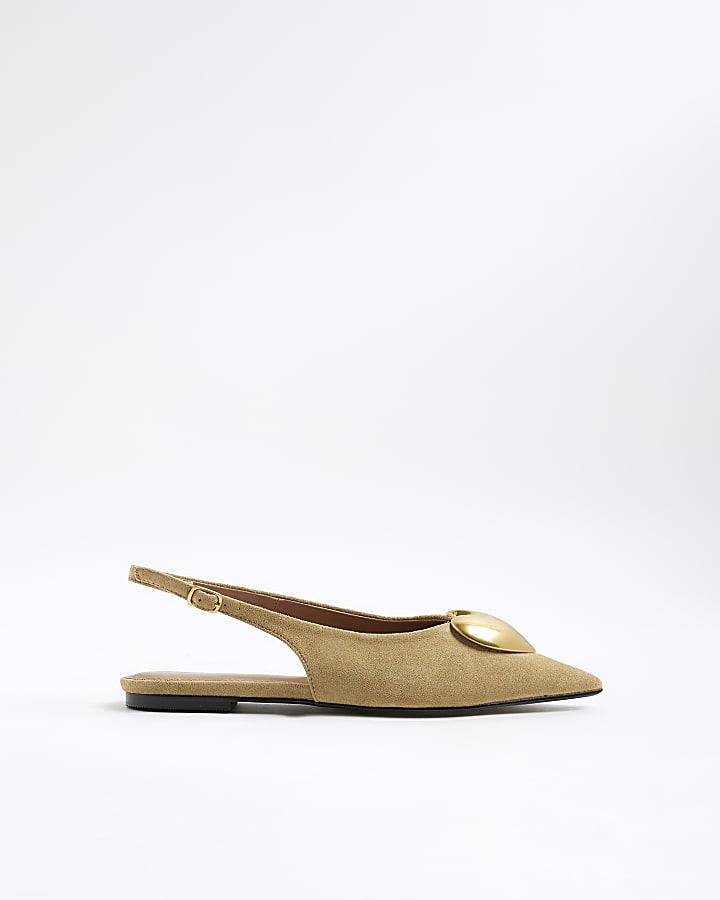 Beige Heart Slingback Flat Shoes