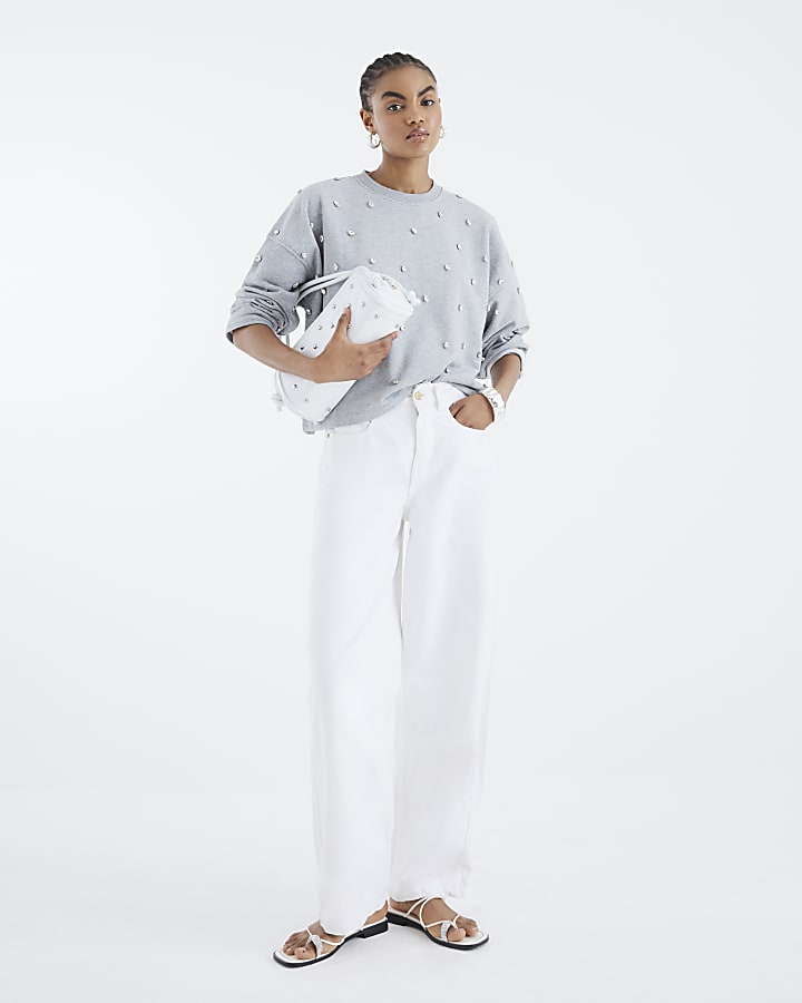 Grey Long Sleeve Diamante Sweatshirt