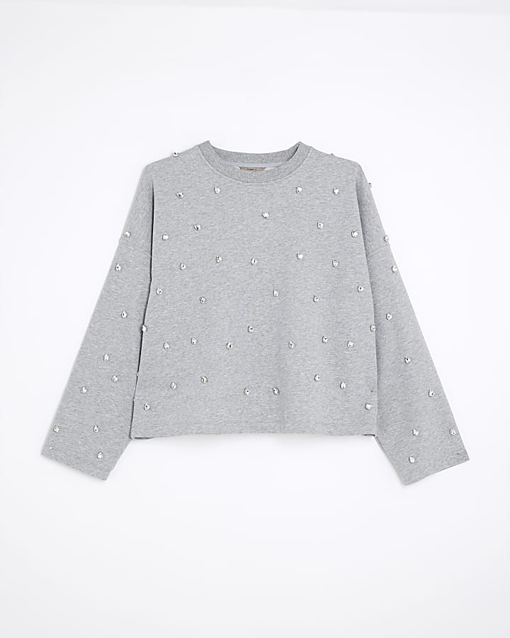 Grey Long Sleeve Diamante Sweatshirt