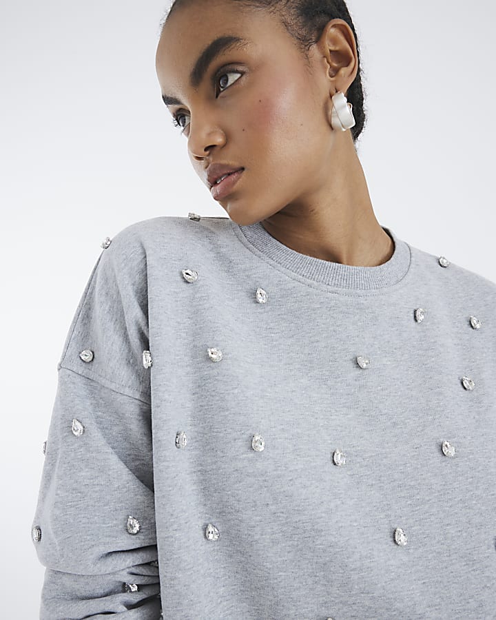 Grey Long Sleeve Diamante Sweatshirt