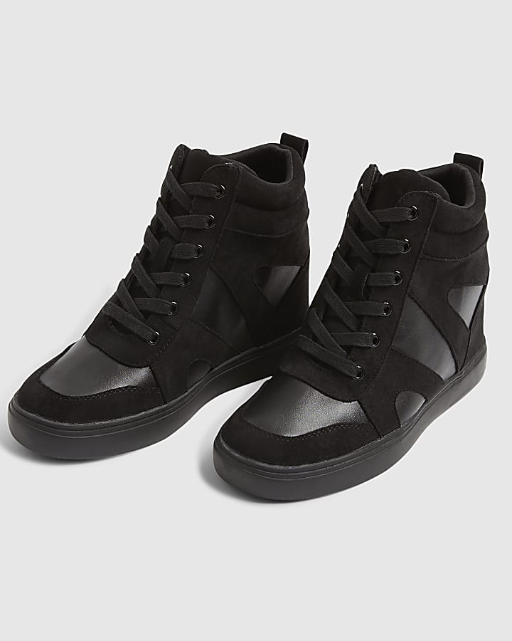 Black Lace Up Wedge Trainers