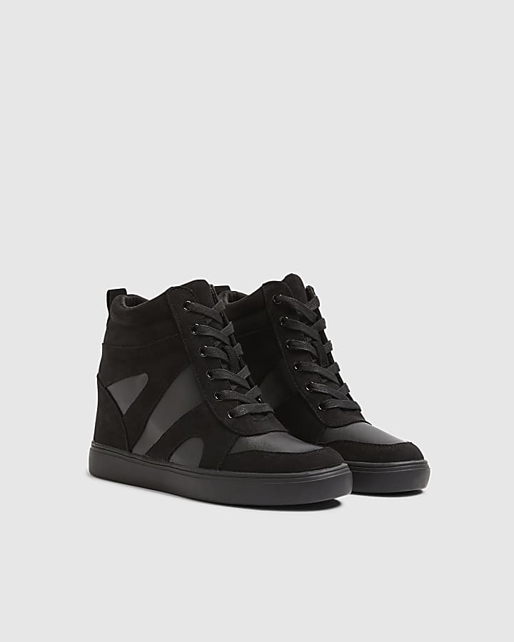 Black Lace Up Wedge Trainers
