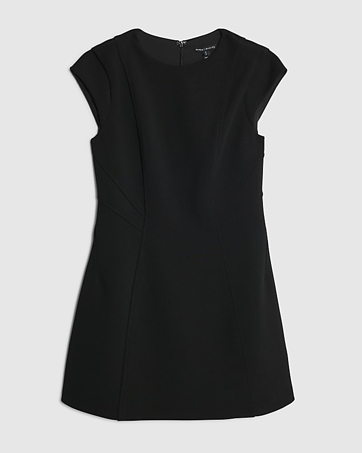 Black Contoured Cap Sleeve Mini Shift Dress
