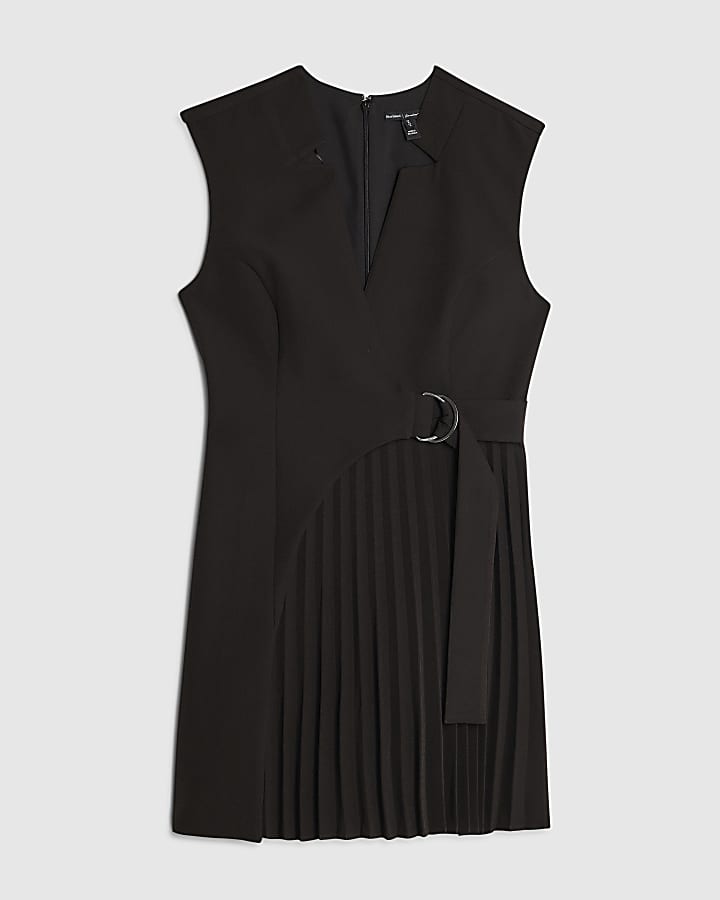 Black Curved Panel Pleated Mini Dress