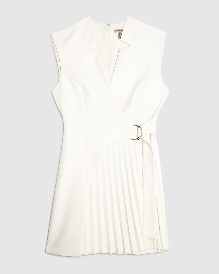 White Curved Panel Pleated Mini Dress