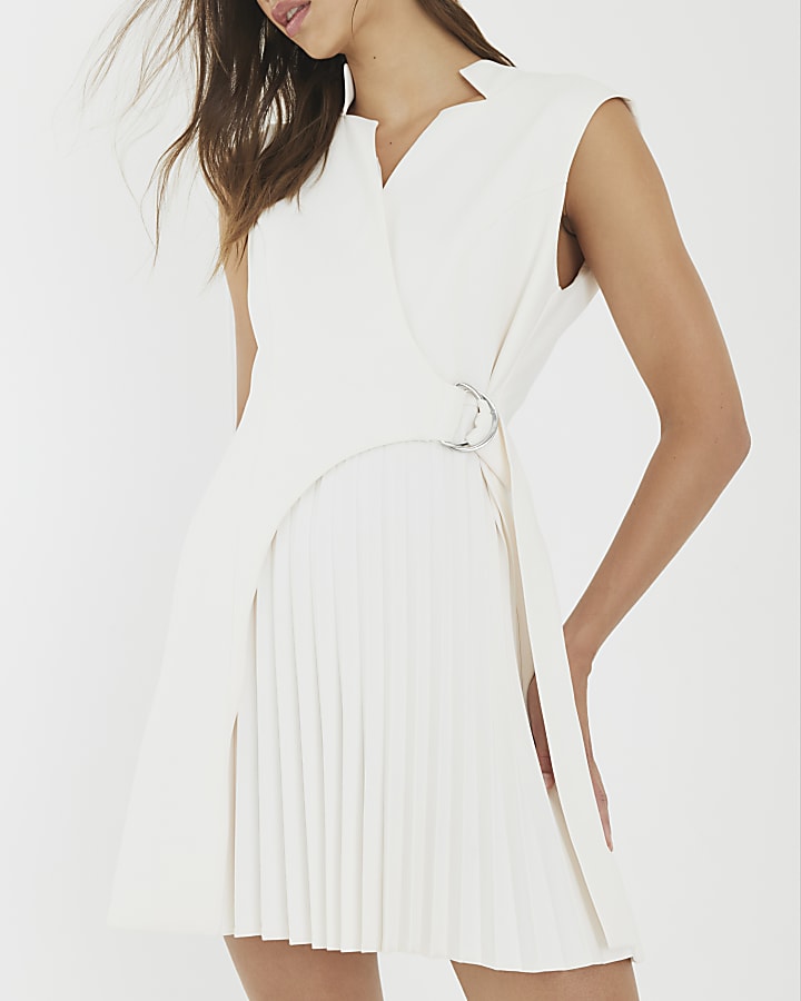 White Curved Panel Pleated Mini Dress