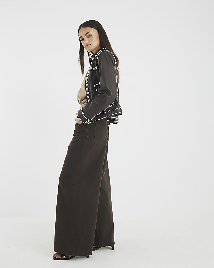 Brown Mid Rise Baggy Wide Leg Jeans