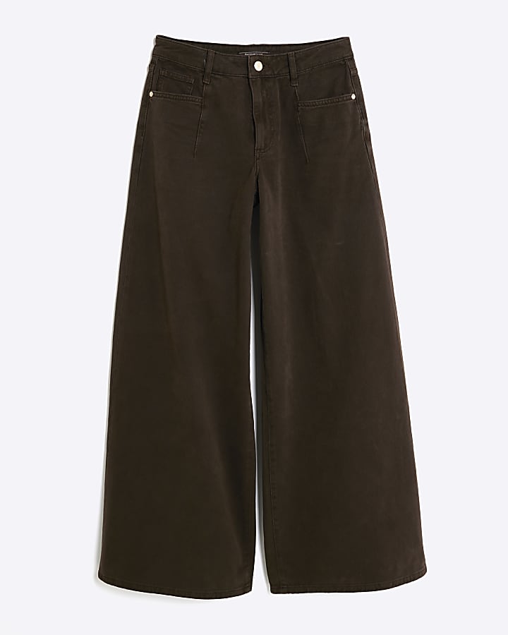 Brown Mid Rise Baggy Wide Leg Jeans