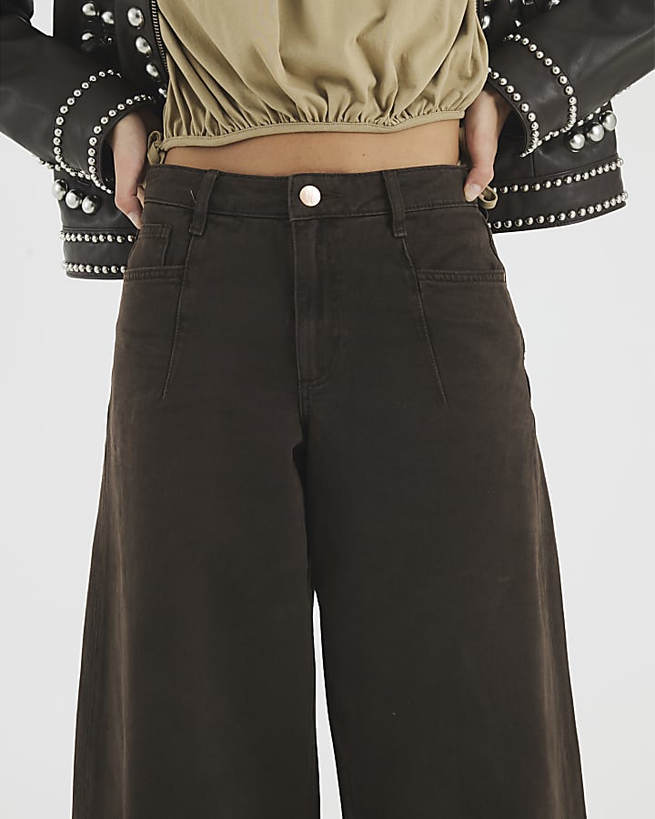 Brown Mid Rise Baggy Wide Leg Jeans