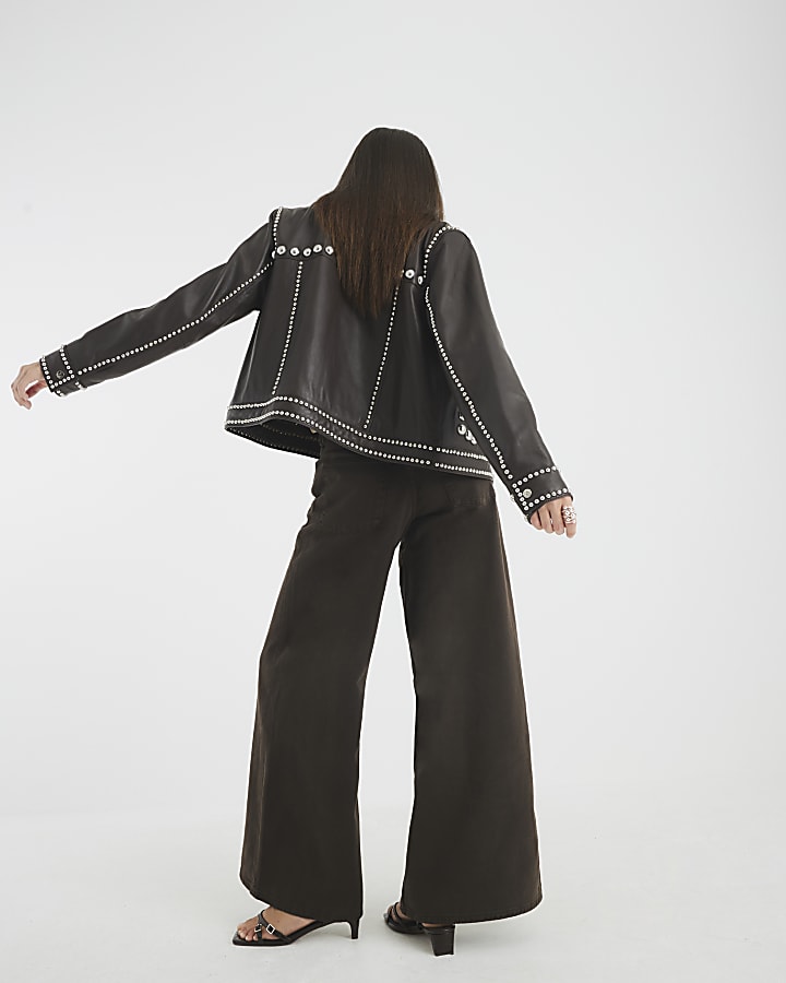 Brown Mid Rise Baggy Wide Leg Jeans