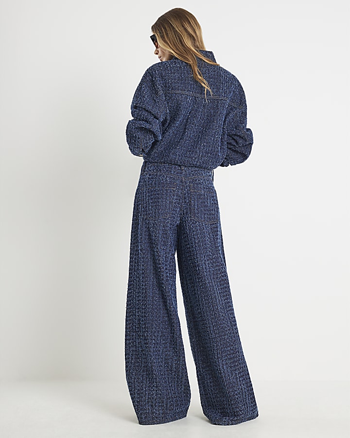 Blue Boucle Baggy Wide Leg Jeans