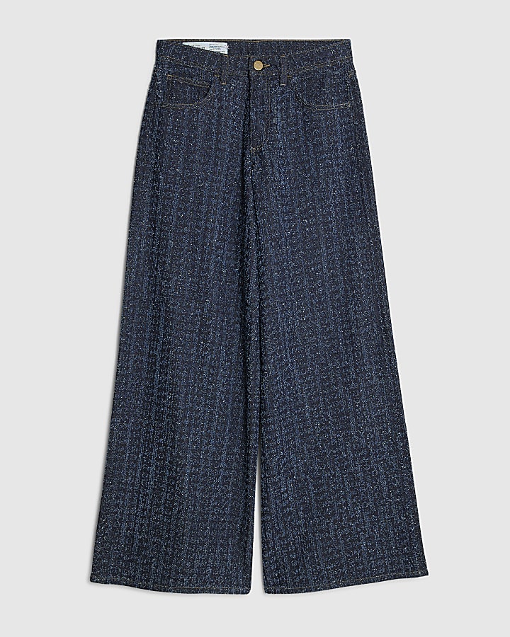 Blue Boucle Baggy Wide Leg Jeans