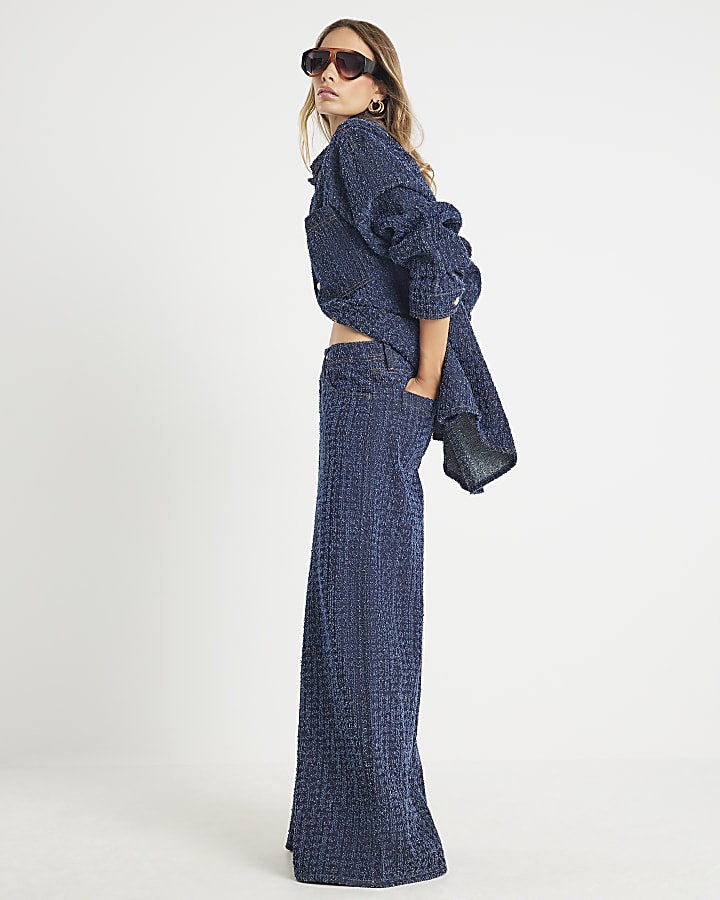 Blue Boucle Baggy Wide Leg Jeans