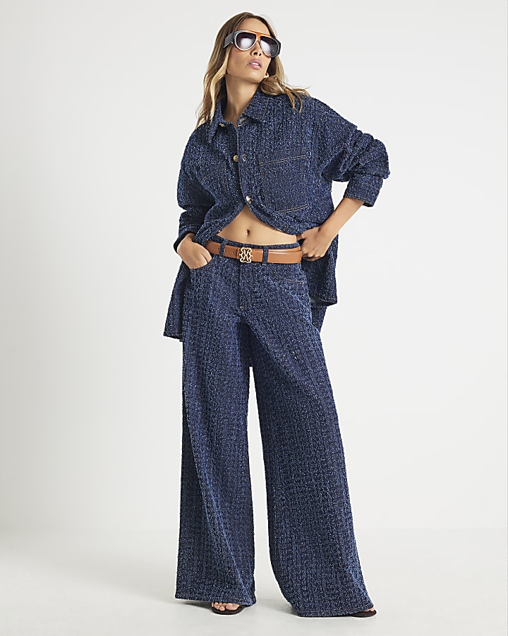 Blue Boucle Baggy Wide Leg Jeans