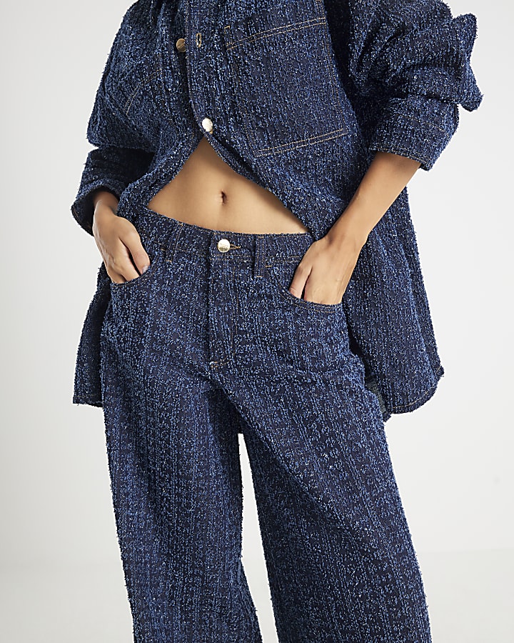Blue Boucle Baggy Wide Leg Jeans