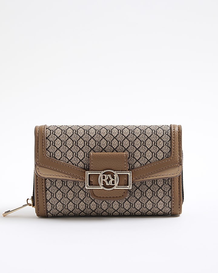 Beige Monogram Panelled Flap Purse