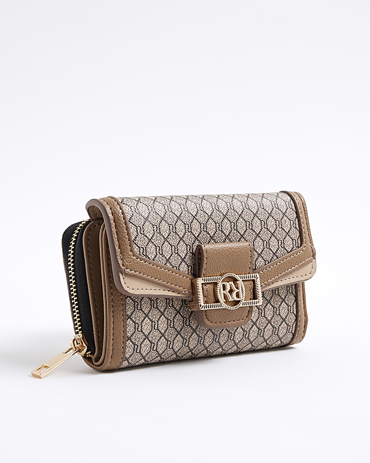 Beige Monogram Panelled Flap Purse