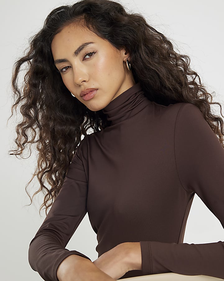 Brown 2 Pack Long Sleeve Roll Neck Tops