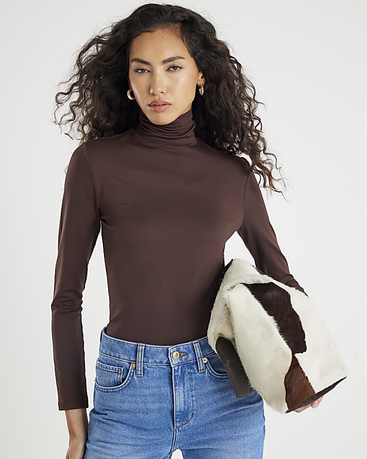 Brown 2 Pack Long Sleeve Roll Neck Tops