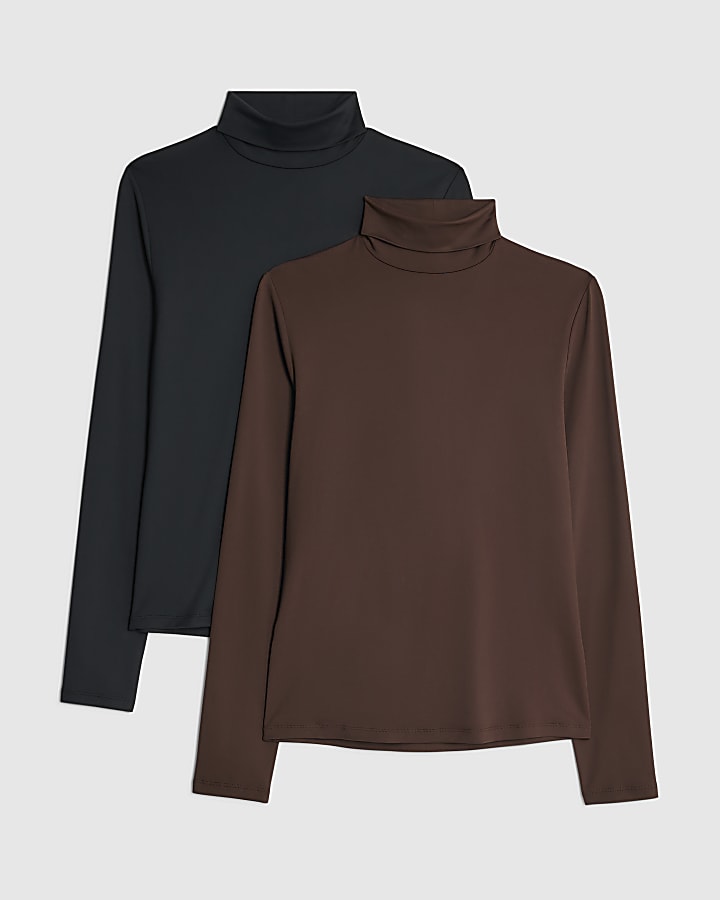 Brown 2 Pack Long Sleeve Roll Neck Tops