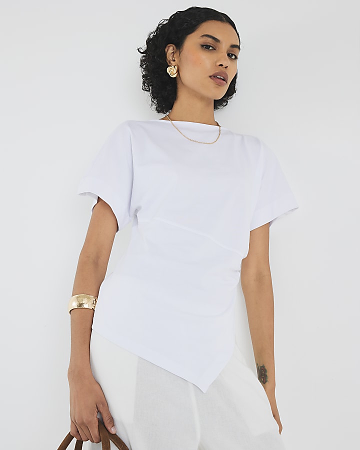 White Short Sleeve Drape Side T-shirt