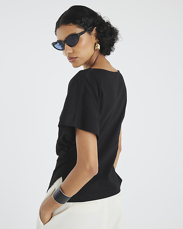 Black Short Sleeve Drape Side T-shirt