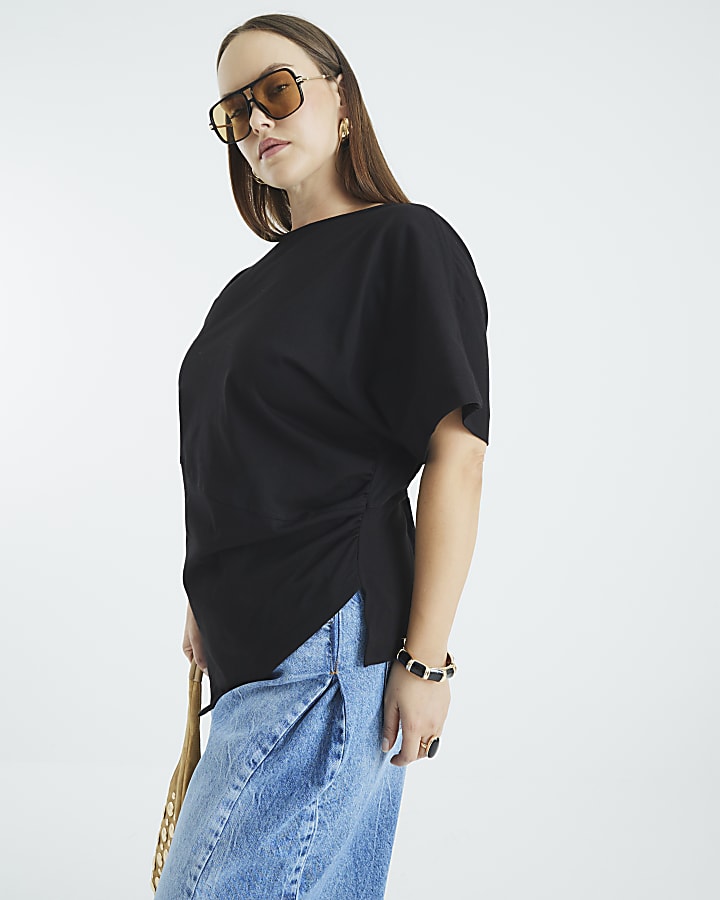Black Short Sleeve Drape Side T-shirt
