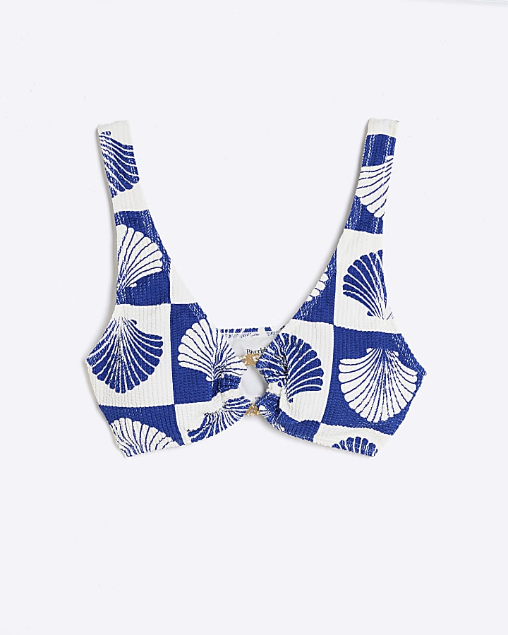 Blue Shell Print Textured Bikini Top