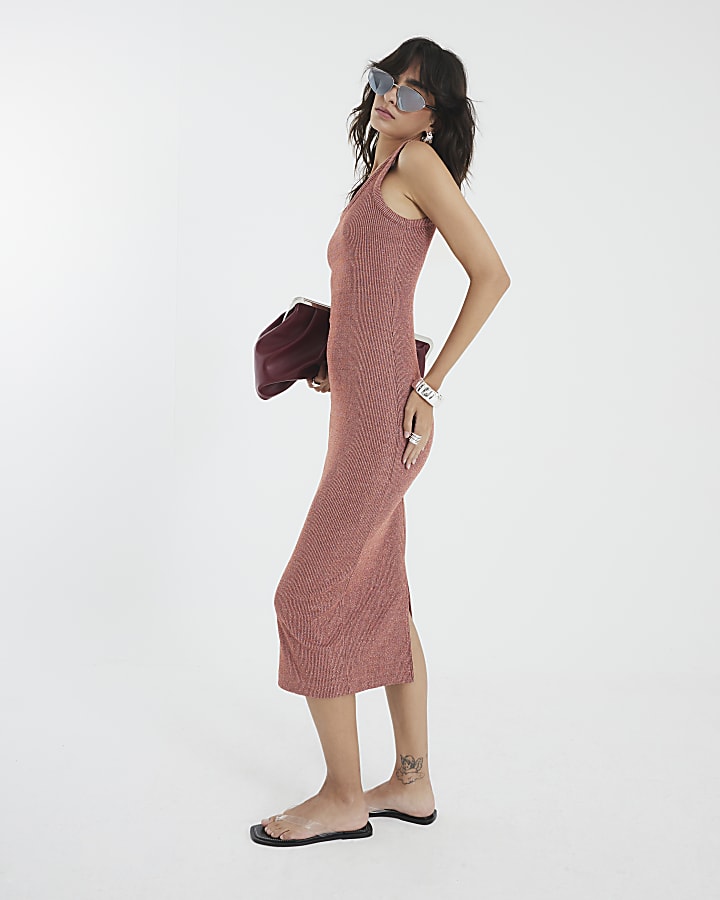 Orange Sleeveless Metallic Midi Dress