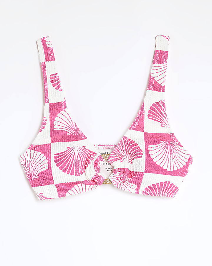 Pink Shell Print Textured Cami Bikini Top