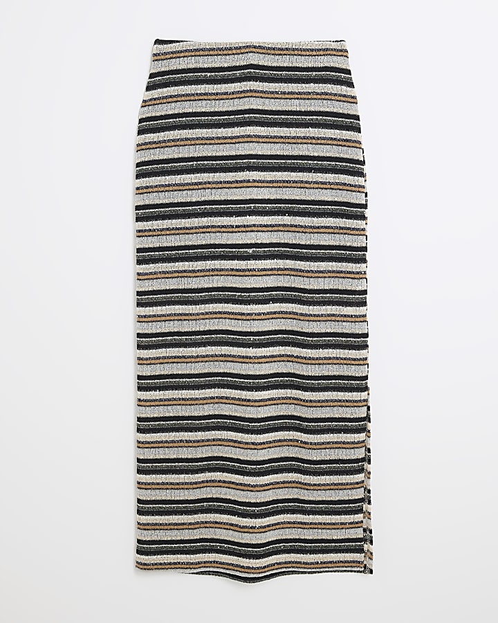 Beige Stripe Metallic Midi Skirt
