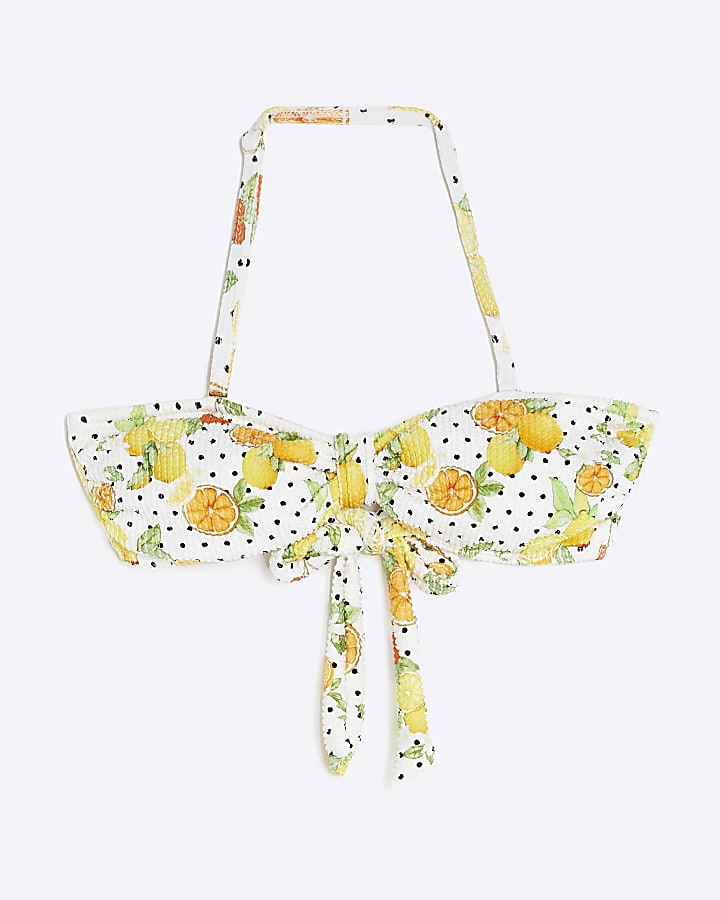 White Fruit Print Textured Bandeau Bikini Top