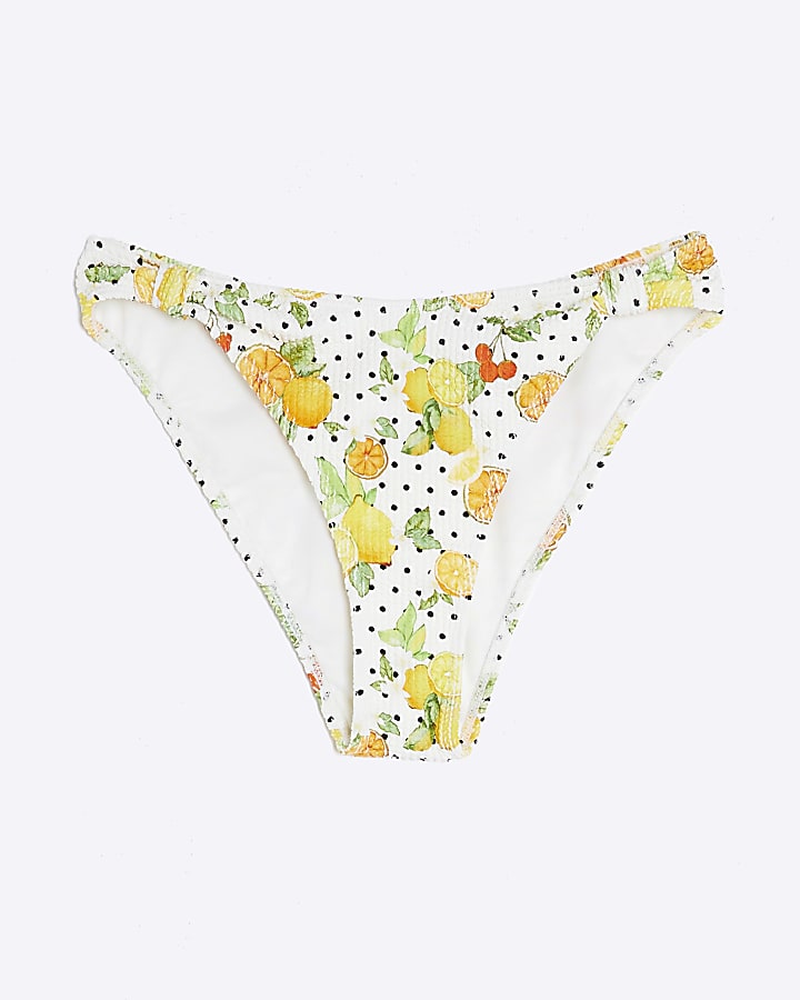 White Fruit Print Textured Bikini Bottoms