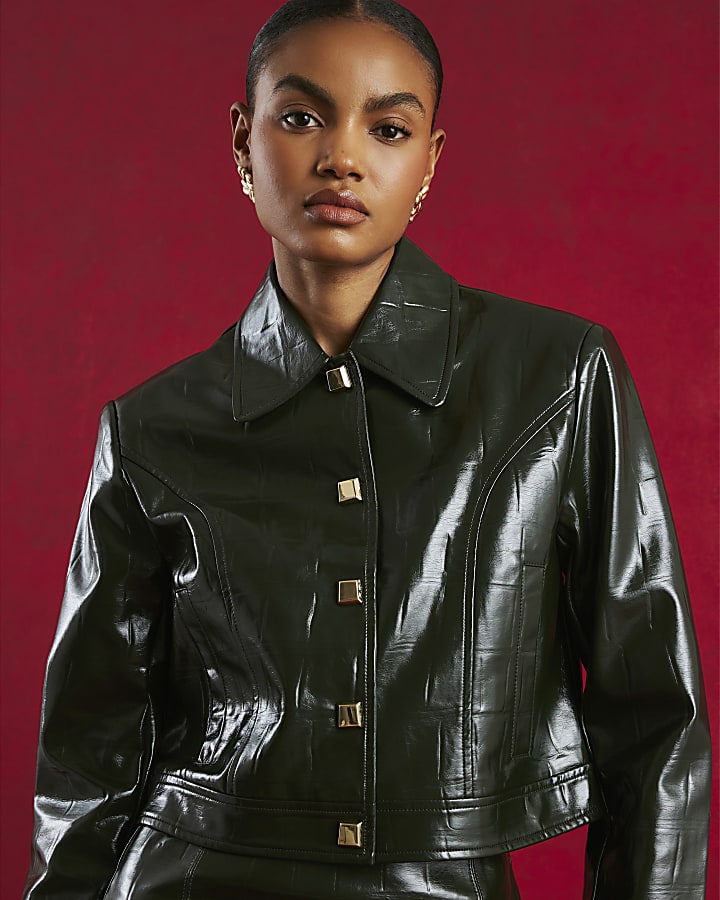 Green Faux leather Croc Harrington Jacket