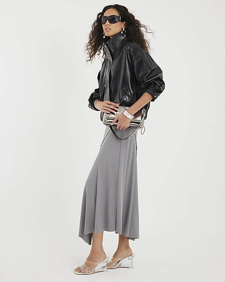 Black Faux Leather Funnel Neck Jacket