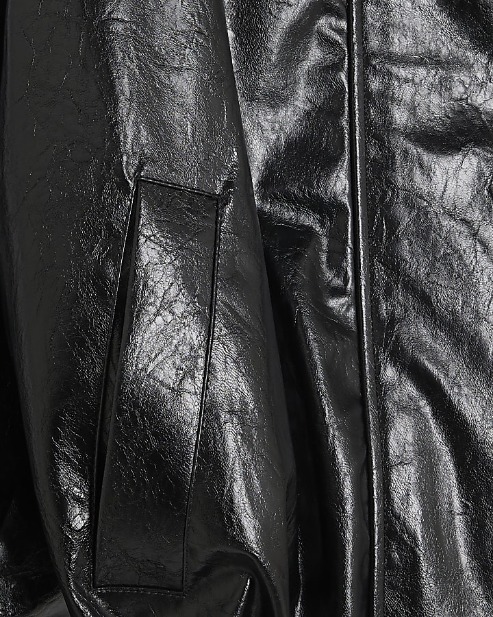 Black Faux Leather Funnel Neck Jacket