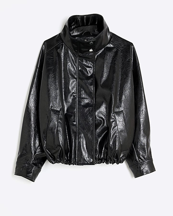 Black Faux Leather Funnel Neck Jacket