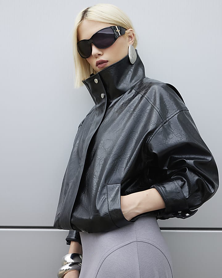 Black Faux Leather Funnel Neck Jacket
