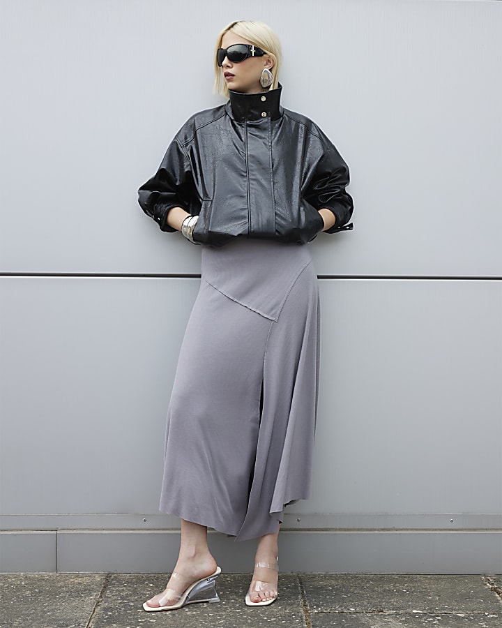 Black Faux Leather Funnel Neck Jacket
