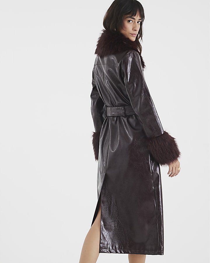 Red Faux Fur Trim Belted Trench Coat