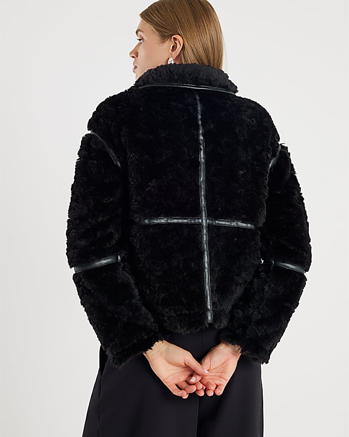 Black Faux Leather Seam Detail Borg Jacket