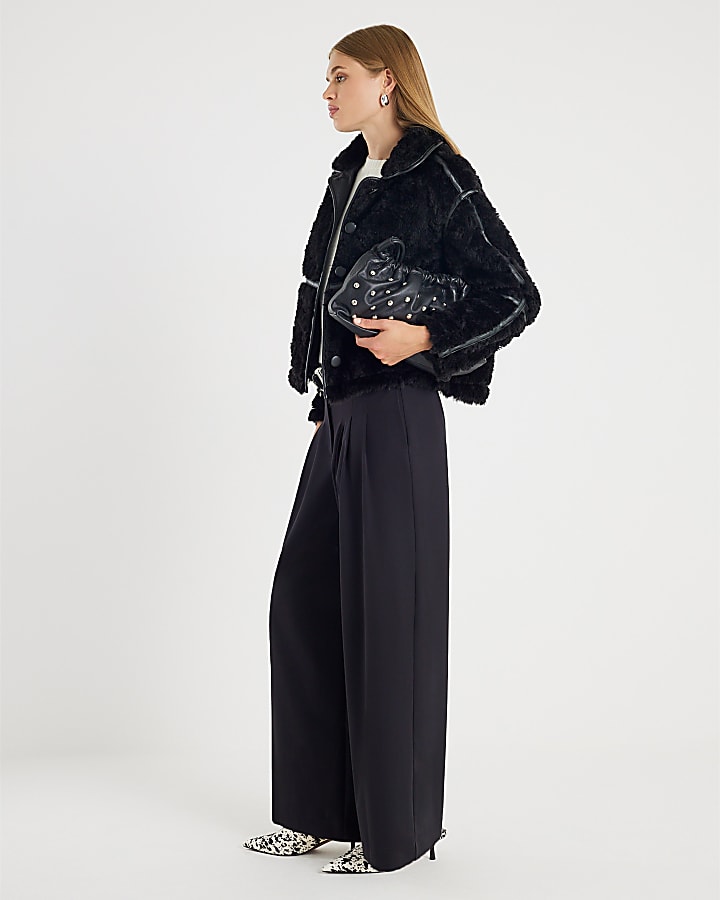 Black Faux Leather Seam Detail Borg Jacket
