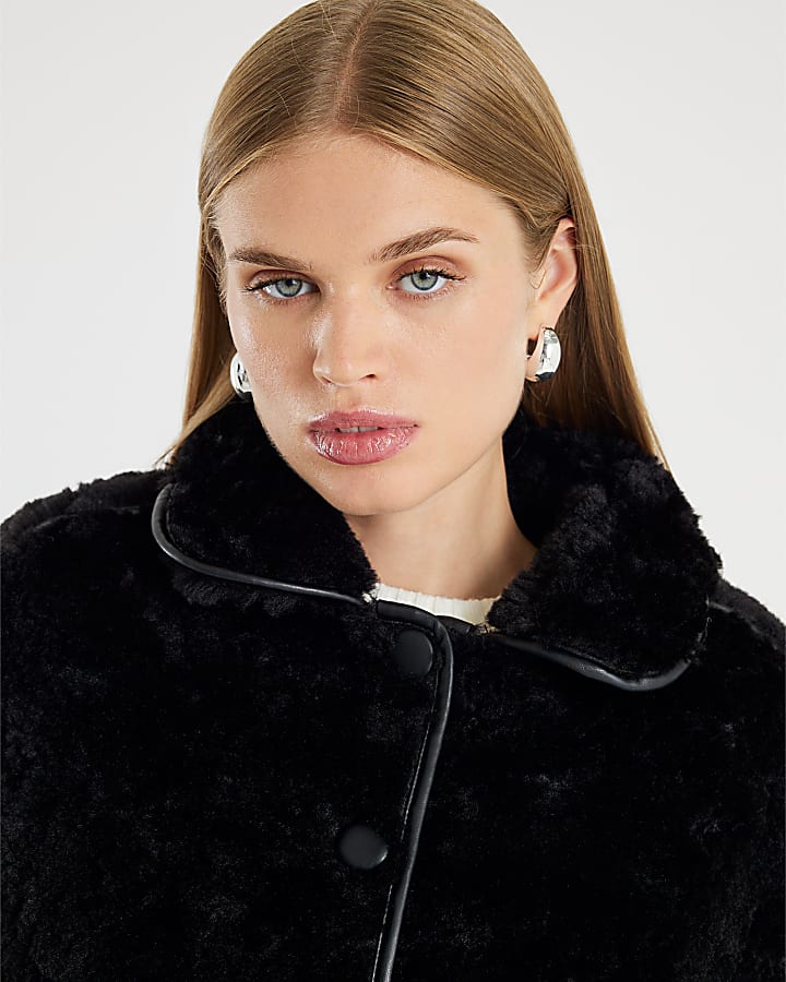 Black Faux Leather Seam Detail Borg Jacket