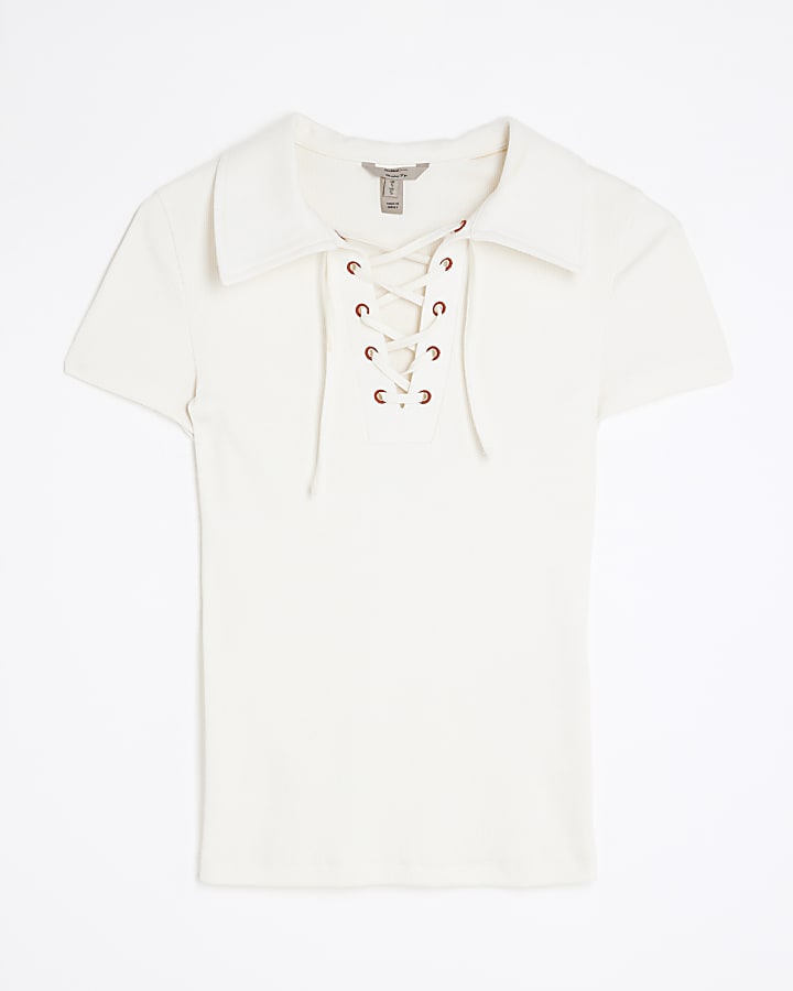 Beige Short Sleeve Ribbed Lace Up Polo Top