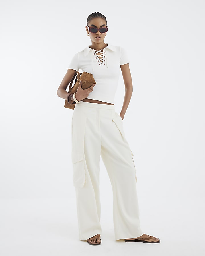 Beige Short Sleeve Ribbed Lace Up Polo Top