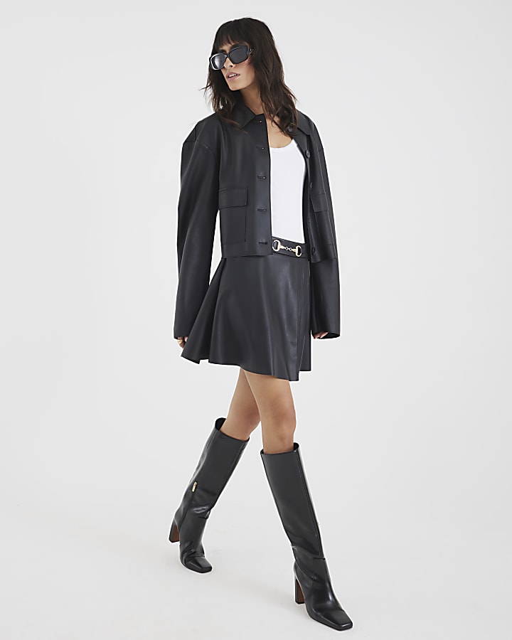 Black Faux Leather Snaffle Trim Mini Skirt