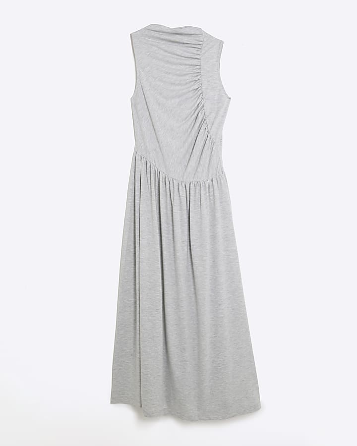 Grey Sleeveless Gathered Midi Dress