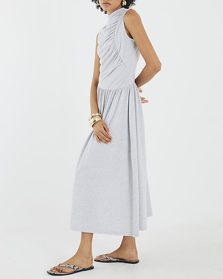 Grey Sleeveless Gathered Midi Dress
