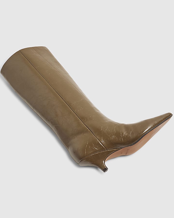 Khaki Curved Heel Knee High Boots