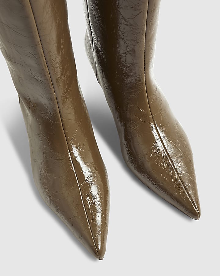 Khaki Curved Heel Knee High Boots